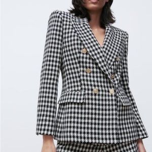 NWT ZARA Black and White Houndstooth DOUBLE-BREASTED BLAZER - size XS